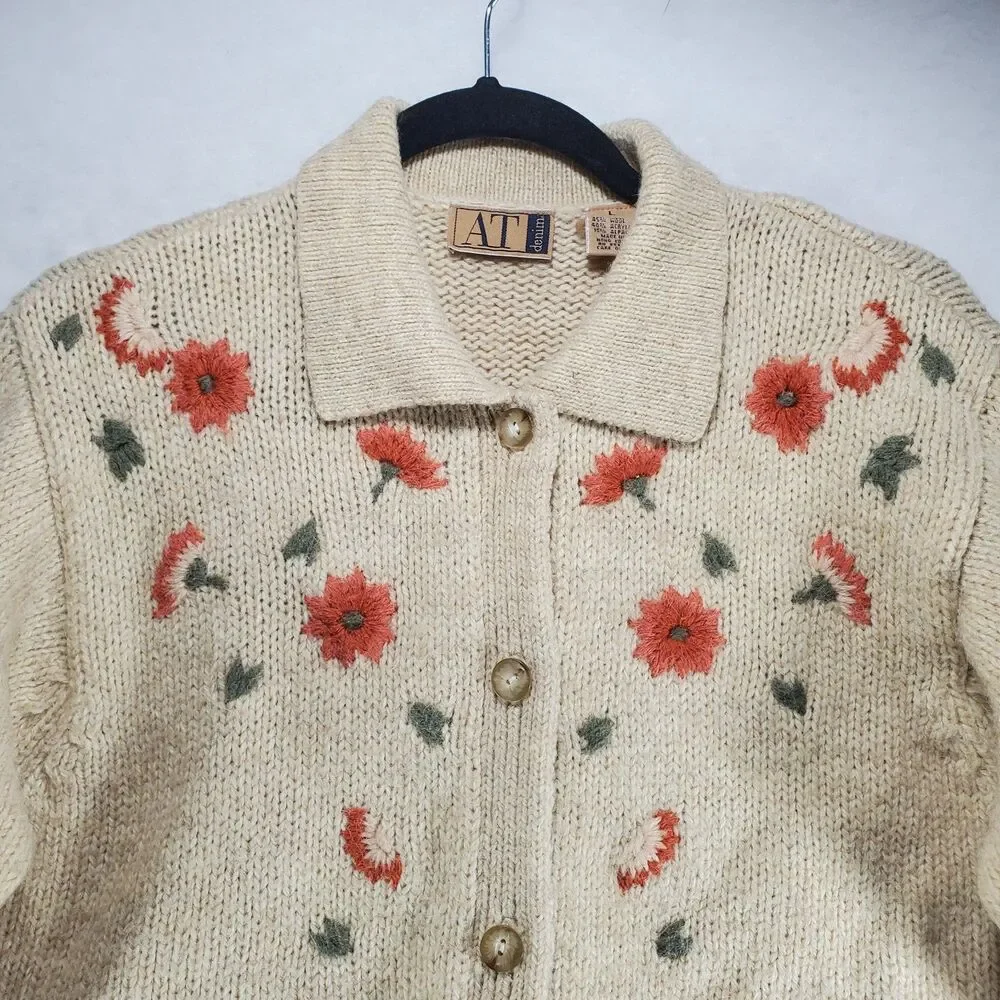 L Ann Taylor Denim Wool Blend Cardigan Sweater Collar Button Floral Embroidered